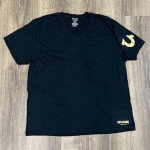 EUC True Religion Black V-Neck T-shirt Gold Logo Sz XL